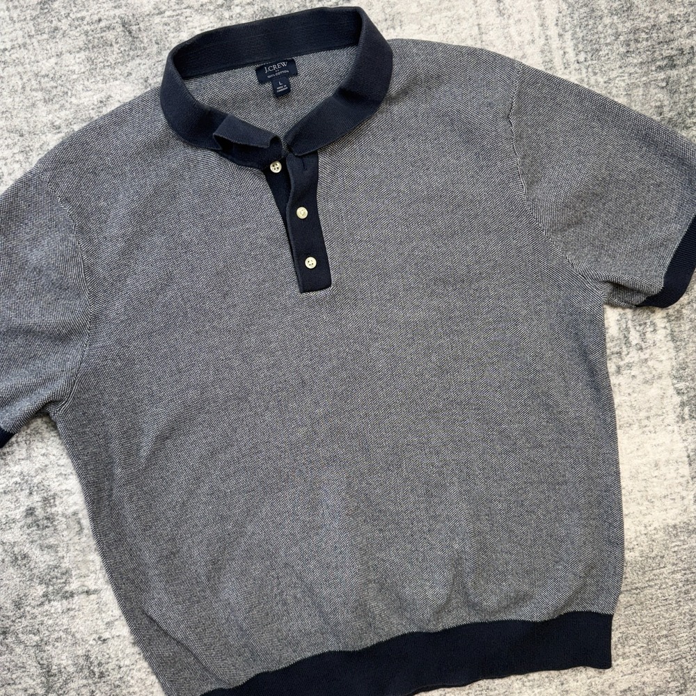 J Crew Sweater Polo Mens Large Blue Birdseye Knit Cotton Preppy Casual Coastal